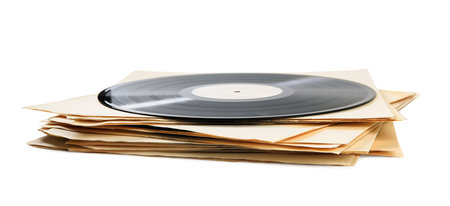 Stack of vintage vinyl records on white background