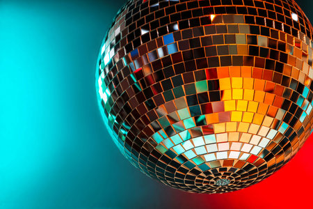 Shiny disco ball under color lights closeup space for text Stock Photo