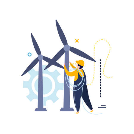 Composition d'icônes plates d'électricité et d'éclairage avec caractère d'électricien reliant les fils à l'illustration vectorielle des éoliennes