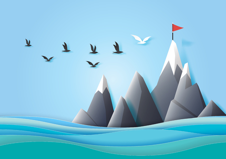 Creative ideas teamwork and leadership concept with paper birds flying to red flag on the mountain paper art vector illustration