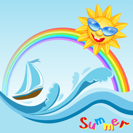 Jacht na falach morskich z tęczą i uśmiechniętym słońcem w okularach. Sporty wodne i podróże. wektory