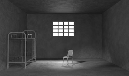 Dark prison cell with bunk bed chair and metal bars on window 3d render realistic interior of jail room with concrete walls and sunlight on floor cage for criminals and prisoners