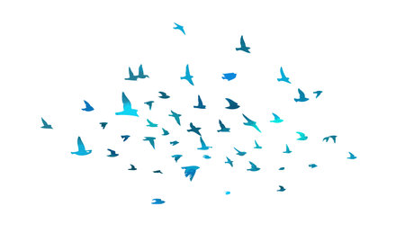鳥の水彩画。青い鳥の群れ。混合メディアのベクターイラスト 写真素材