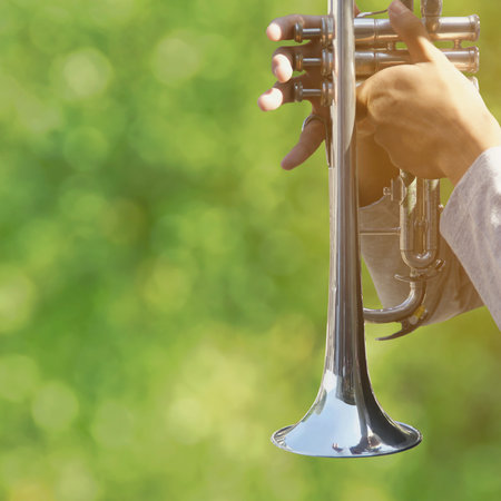 Closeup of hands holding the trumpet with nature background Фото со стока