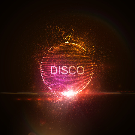 Disco neon sign 3d illuminated distorted sphere of glowing particles wireframe splashes and lens flare light effect music party vector illustration disco ball Stock Photo