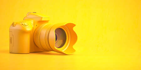 Yellow dslr photo camera on yellow background 3d illustration Stock Photo