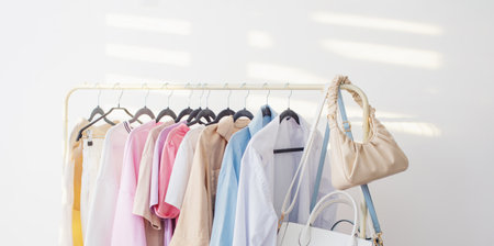 Female summer wardrobe in white room