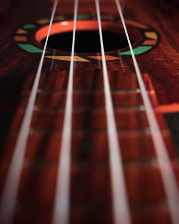 Close up on the strings of a children s colourful ukulele instrument Фото со стока