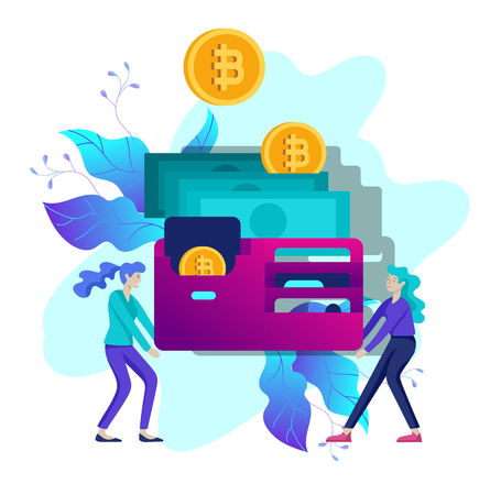 Cryptocurrency and blockchain composition with people analysts and managers working on crypto start up bitcoin and cryptocurrency Vector Illustration