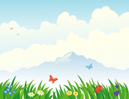 Vector illustration of flowers and grass at the mountains