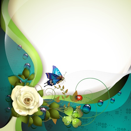 Background with rose butterfly and drops of water