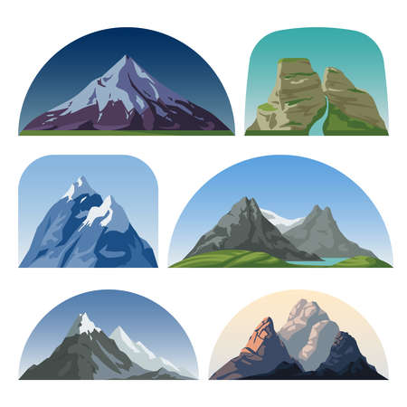 Dibujos animados de paisajes vectoriales del lado de la montaña. Colección aislada de cimas de colinas al aire libre. Ilustración de pico, roca y nieve de paisaje de montaña