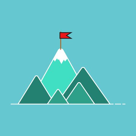 Top van de berg met rode vlag, Succes business concept, vector, illustratie. Stockfoto