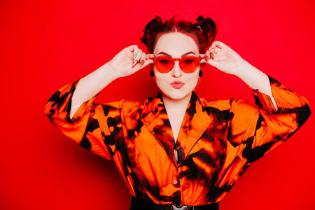 Cute girl on a red background red hair and tunnels in the ears red dress and lips anime poses a girl in orange sunglasses and two buns on her head looks at the camera