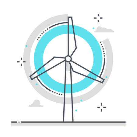 Icône de vecteur de ligne de couleur liée au moulin à vent, illustration. L'icône concerne l'écologie, l'énergie verte, l'environnement, l'éolienne, l'énergie renouvelable, la propreté. La composition est évolutive à l'infini.