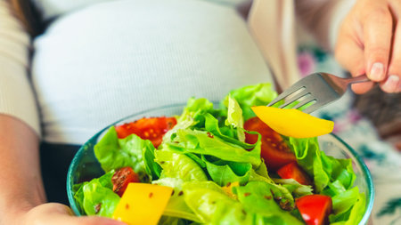 Pregnant healthy eating salad pregnancy woman eating nutrition healthy food healthy breakfast concept