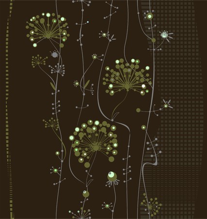 Ornamental flowers vertical in green white and gray colors a seamless pattern on a brown background