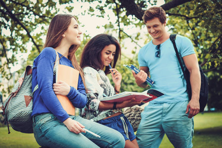 Group of multi ethnic students in a city park Stock Photo