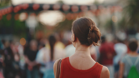 En primer plano, la chica se para en la plaza y mira alrededor en el centro. el primer plano de una joven está de pie en el centro de la ciudad mirando a la multitud por la noche.