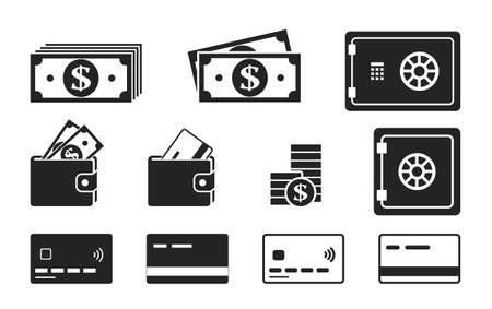 conjunto de ícones de finanças e dinheiro. cartões de crédito, cofre, carteira e ícones de dinheiro. Banco de Imagens