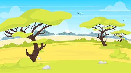 Safari landscape flat vector illustration african outdoor scene green savannah field with trees meadow green scenery exortic and tropical grassland panoramic valley cartoon background Фото со стока