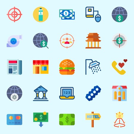Conjunto de ícones sobre estilo de vida com alvo, educação on-line, motor, religiosa, laptop e água