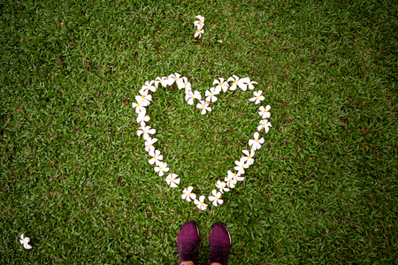 Heart on the grass of flowers frangepani in thailand