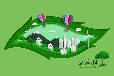 Konzept der grünen umweltfreundlichen Rettung der Welt und der Umwelt, Papierkunstdesign mit Blattformhintergrund, Vektorillustration Standard-Bild