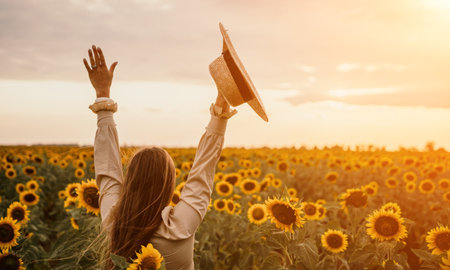 Woman in sunflower field happy girl in a straw hat posing in a vast field of sunflowers at sunset enjoy taking picture outdoors for memories summer time