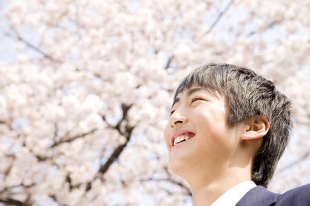 남자 중학생은 벚꽃 나무 아래 웃