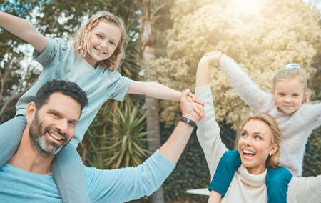 Los niños empiezan amando a sus padres una pareja y sus dos hijas posando juntas en un parque