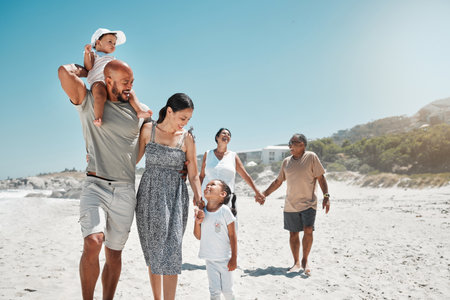 Travel summer and big family holding hands at beach and walking on vacation wellness and support together smile love and relax on sea side holiday with happy parents children and grandparents