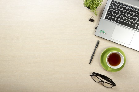 Office desk table with supplies top view copy space for text