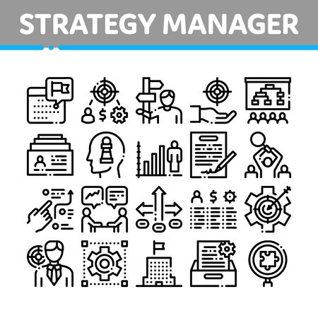 Strategy manager job collection icons set vector contract signing and customer database business direction strategy manager concept linear pictograms monochrome contour illustrations