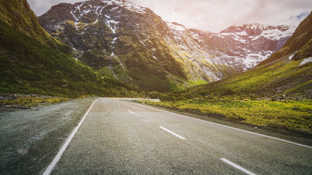 Mountain road up hill in the forest nature landscape shot at milford road state highway 94 in new zealand transportation and tourism road trip concept