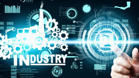 Futuristic industry 4 and inventive mechanized engineering concept with graphic user interface showing automation design robot operation usage of machine deep learning for future manufacturing