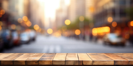 La mesa de madera vacía con el fondo borroso de la imagen exuberante de la calle de Nueva York Foto de archivo