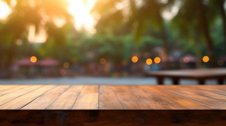 O tampo da mesa de madeira vazio com fundo desfocado da imagem exuberante do café ao ar livre Banco de Imagens