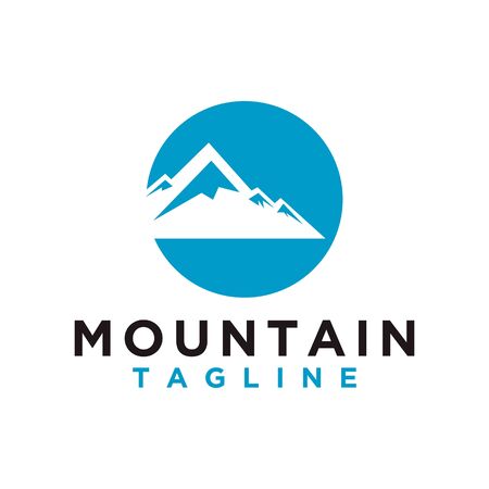 Diseño de logotipo de montaña o colina o pico. Icono de campamento o aventura, símbolo de paisaje y se puede utilizar para marcas de viajes y turismo. Color azul estilo minimalista