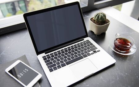 Laptop technology devices desk workstation Stock Photo