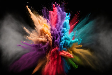 Abstract multicolored powder splatted on white background freeze motion of color powder exploding