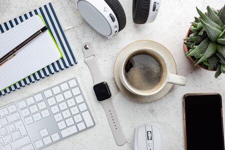 Flat lay or top view office table desk workspace with blank keyboard pen green plant succulent and coffee cup on white background