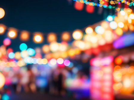 Abstract blur and defocused night local market festival with bokeh for background usage vintage tone