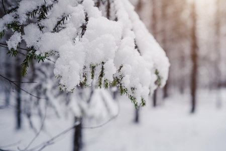 Pine trees are covered with snow on a frosty evening beautiful winter photo