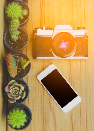 Mobile blank screen and camera on wood background with cactus Stock Photo