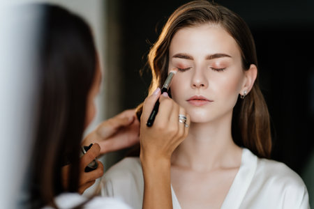 A beautiful young woman with long hair doing makeup for a wedding or photo shoot