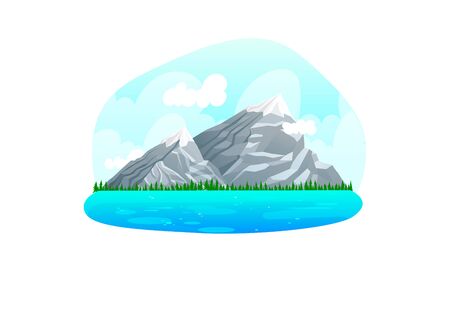 Paisajes naturales de la cordillera alpina, río de agua limpia de montaña de margen de área salvaje y lago aislado en blanco, ilustración de vector de dibujos animados. Concepto de ubicación en la tierra, valle montañoso para vacaciones.