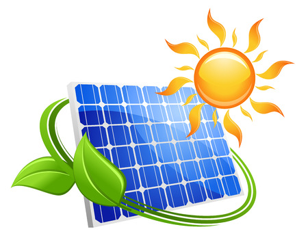 Solar energy eco concept with a blue photovoltaic panel under a hot yellow sun with curling green leaves illustration on white