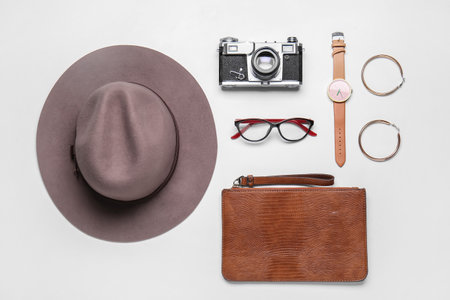 Different female accessories on white background Stock Photo