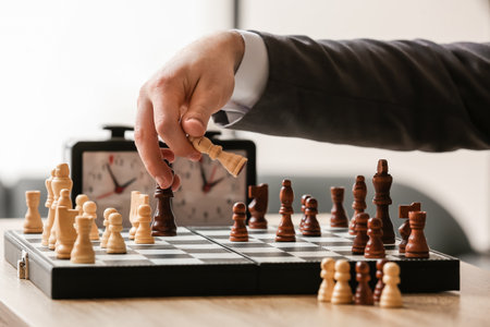 Man playing chess on wooden table closeup